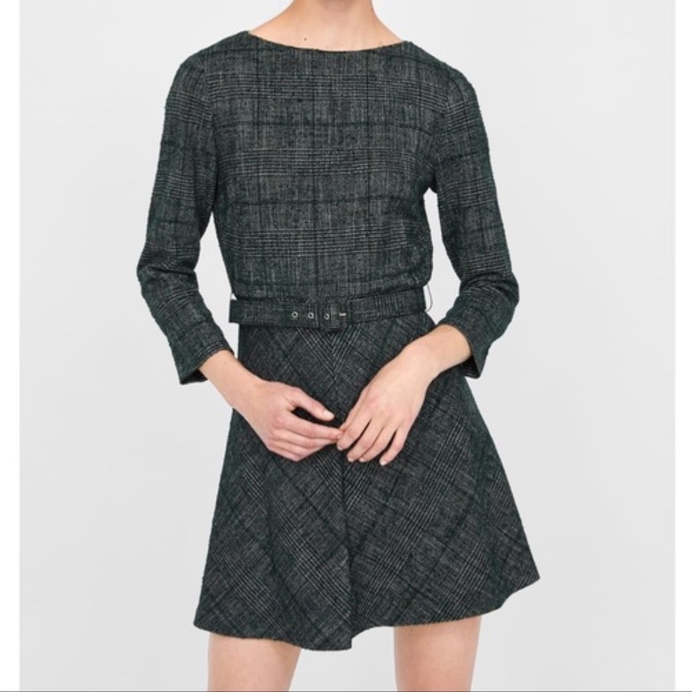 Zara Woman’s Medium Green Belted 3/4 Sleeves Tweed Dress - runs a little small